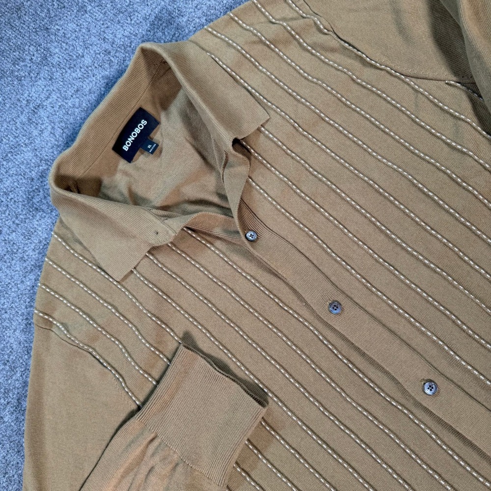 Bonobos Mens XL Camel Tan Vertical Stripe Cotton Button Down Sweater Polo #4715